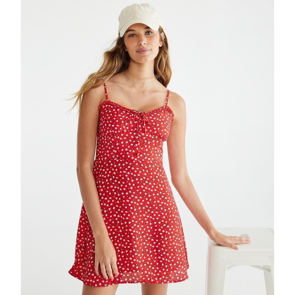 Aéropostale Red Summer Floral Cottagecore Tie-Front Midi Dress‎ Size L